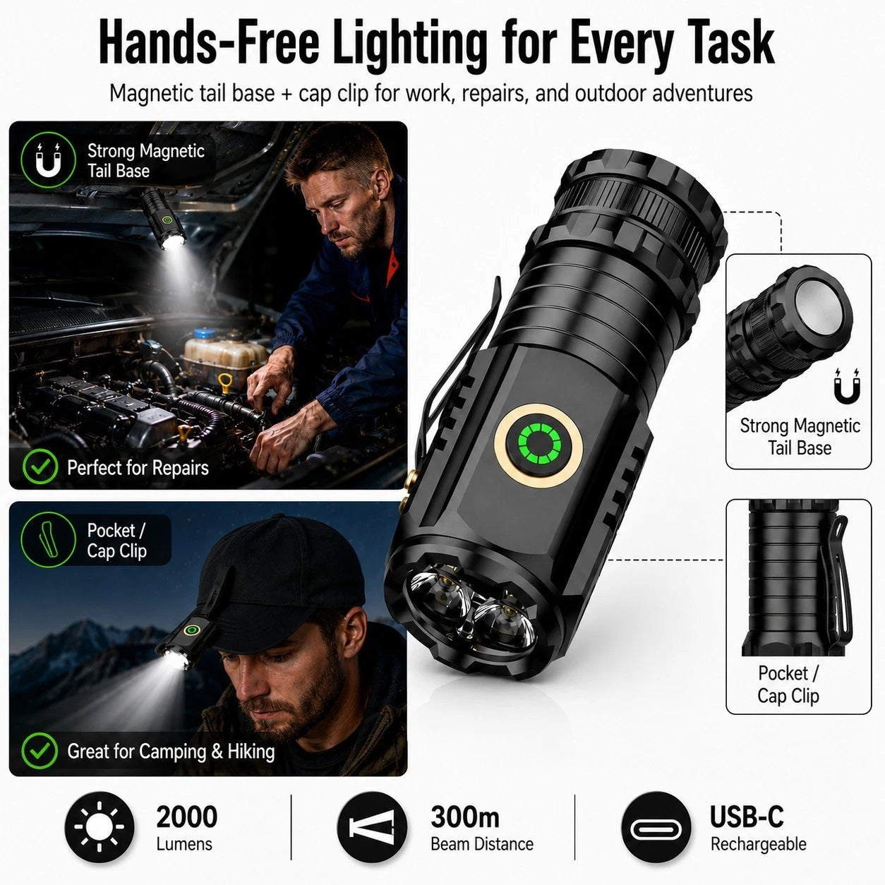 Super Bright Compact Magnetic Work Light Rechargeable LED Flashlight Torch 2000 Lumens