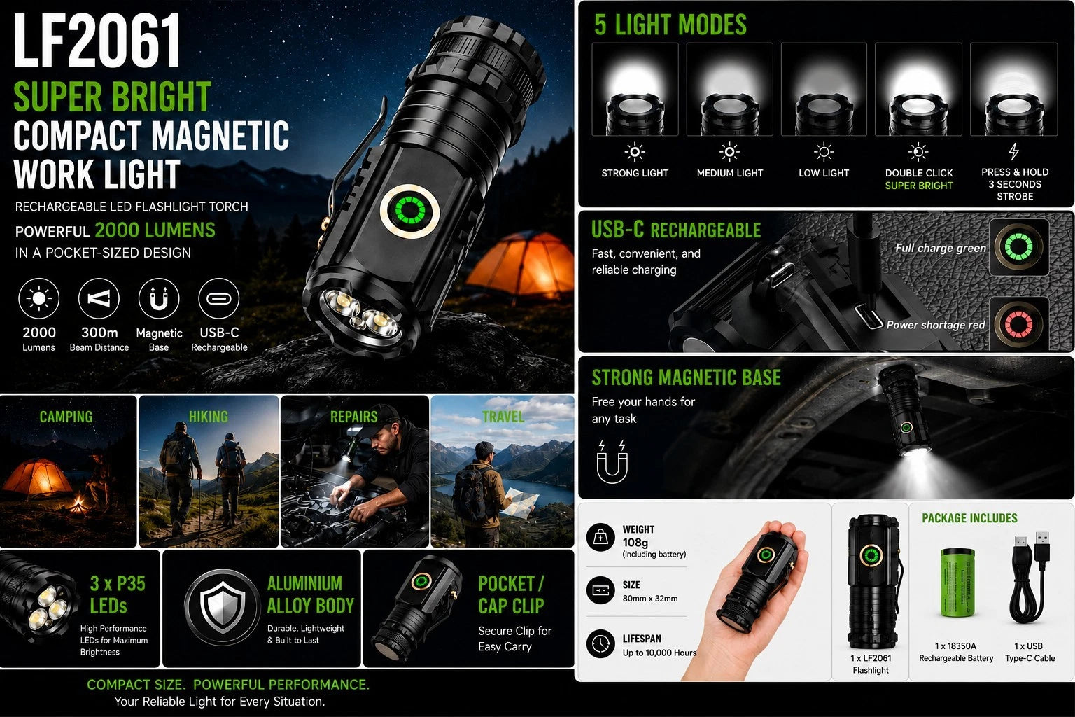 Super Bright Compact Magnetic Work Light Rechargeable LED Flashlight Torch 2000 Lumens