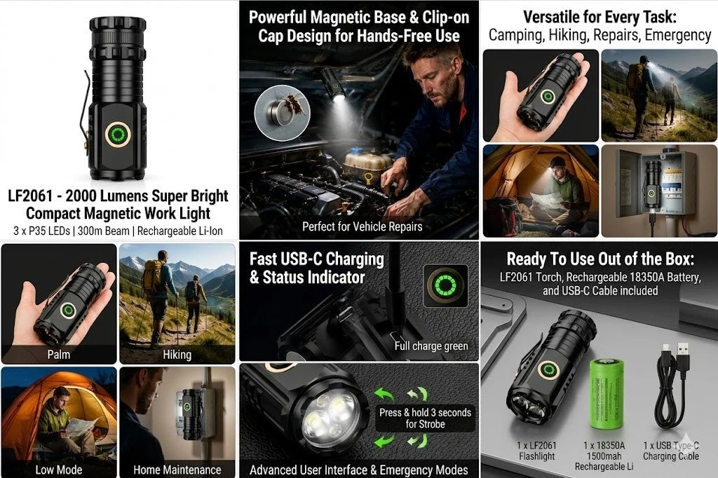 Super Bright Compact Magnetic Work Light Rechargeable LED Flashlight Torch 2000 Lumens